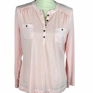 Chaps Petites Knit Top Women LP Pink w/Pockets & Metal Buttons 1/4 Button Front